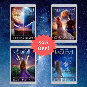 Covers of Starcrossed, Starbound, Starfall, and Fractured Jewel; books 2, 3, 4, and 5 in the Starstruck Series by Brenda Hiatt